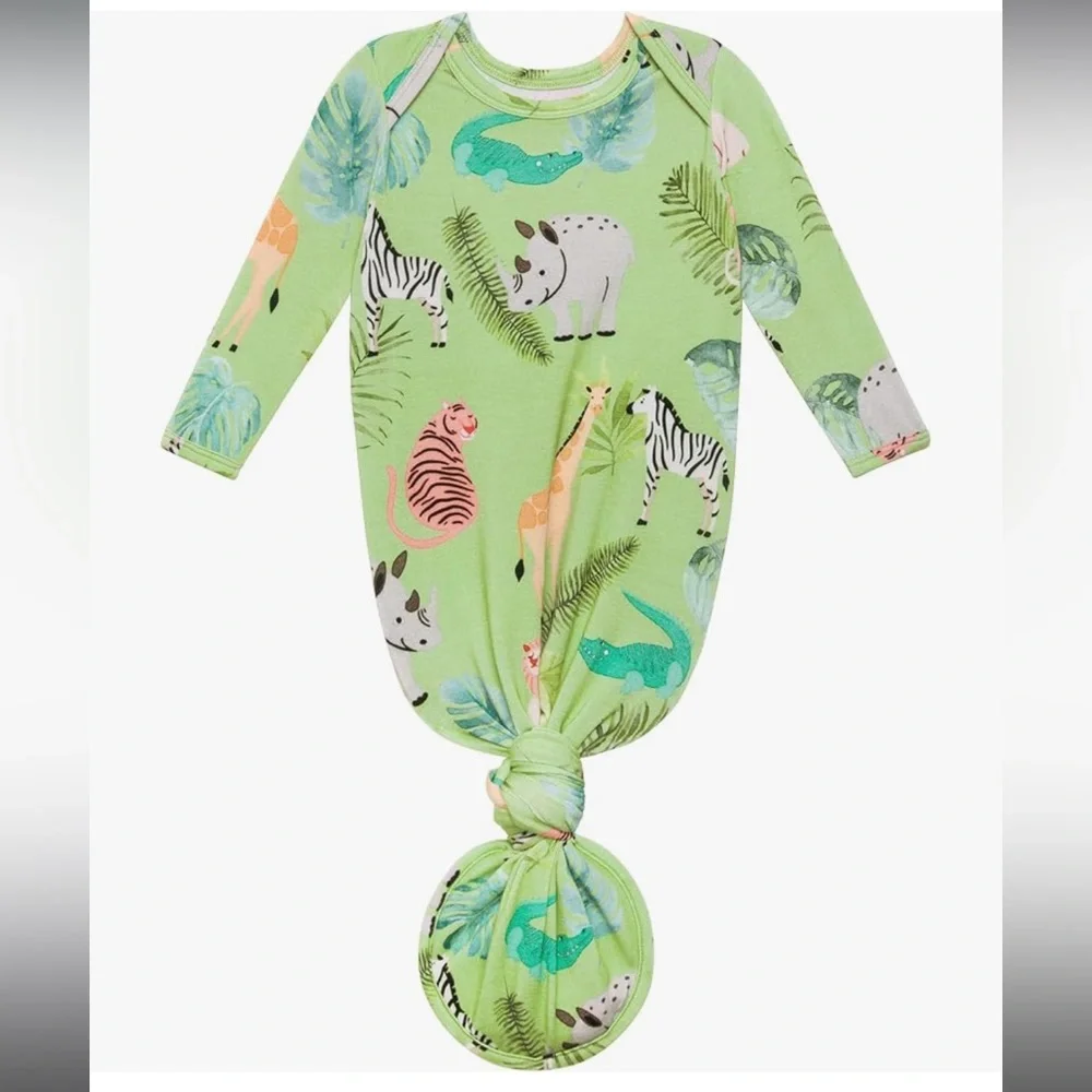 Posh Peanut Baby Knotted Sleep Gown with Safari Jungle Animal Print - Green